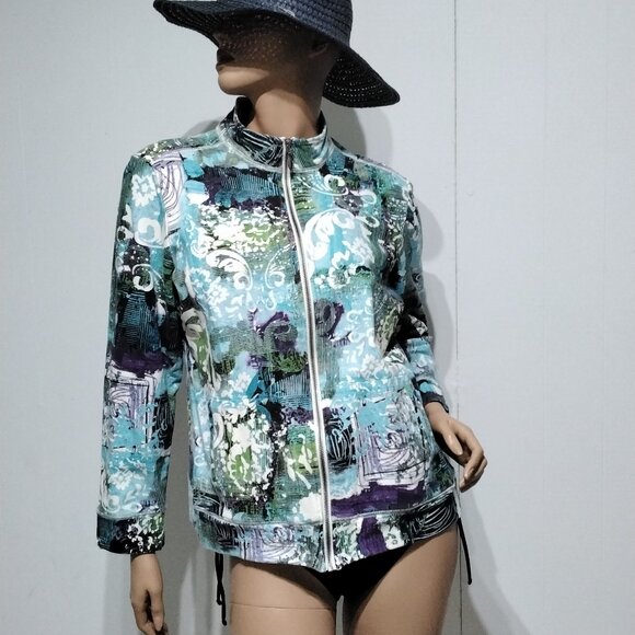 Additions by Chico's Funky Floral Abstract multi-color Zip Light Jacket Size 2 - Picture 14 of 16